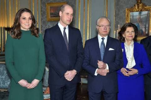 Catherine, duchess of Cambridge, Prince William, King Carl XVI Gustaf, Queen Silvia, Prince Daniel, Crown princess Victoria Official visit by the Duke and Duchess of Cambridge, Lunch at the Rpyal Palace, Stockholm, 2018-01-30 Carl Gustav de Suede;Silvia de Suede;William Windsor;Kate Middleton (Duchesse de Cambridge) Stockholm Sweden  571192