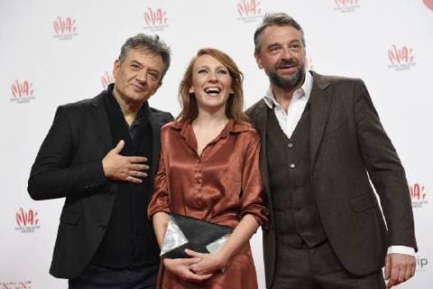 Bart Peeters, Linde Merckpoel and Tom Waes pictured on the red carpet at the arrival for the eleventh edition of the MIA s (Music Industry Award) award show, in Brussels, Tuesday 30 January 2018. The MIA awards are handed out by the VRT and Kunstenpunt.  JASPERxJACOBS 05286478