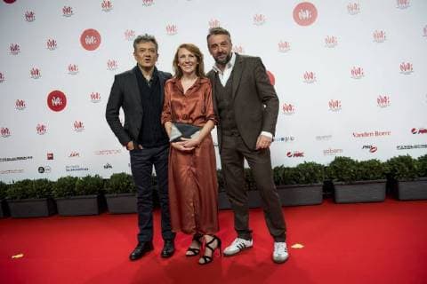 Bart Peeters, Radio presenter Linde Merckpoel and television maker Tom Waes pictured on the red carpet at the arrival for the eleventh edition of the MIA s (Music Industry Award) award show, in Brussels, Tuesday 30 January 2018. The MIA awards are handed out by the VRT and Kunstenpunt.  JASPERxJACOBS 05286541