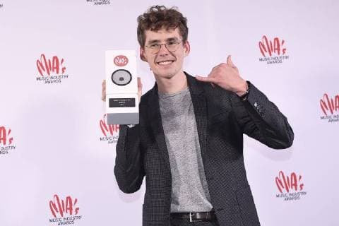 Felix De Laet aka Lost Frequencies celebrates with his trophy after the eleventh edition of the MIA s (Music Industry Award) award show, in Brussels, Tuesday 30 January 2018. The MIA awards are handed out by the VRT and Kunstenpunt.  JASPERxJACOBS 05286764