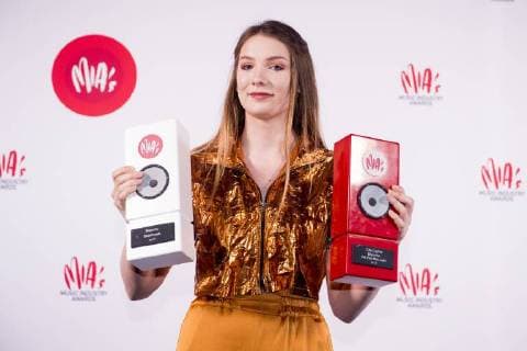 Ellie Delvaux aka Blanche celebrates with her trophies at the eleventh edition of the MIA s (Music Industry Award) award show, in Brussels, Tuesday 30 January 2018. The MIA awards are handed out by the VRT and Kunstenpunt.  JASPERxJACOBS 05286829