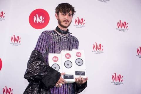 Artist Max Colombie aka Oscar and the Wolf with his awards at the eleventh edition of the MIA s (Music Industry Award) award show, in Brussels, Tuesday 30 January 2018. The MIA awards are handed out by the VRT and Kunstenpunt.  JASPERxJACOBS 05286794