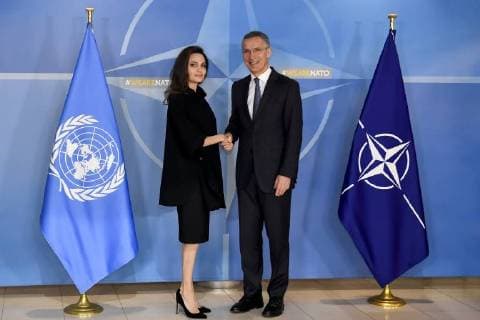 UNHCR Special Envoy Angelina Jolie and NATO Secretary General Jens Stoltenberg pictured during a meeting between representatives of the NATO and the the UN Refugee Agency UNHCR, Wednesday 31 January 2018 in Brussels.  DIRKxWAEM 05286885