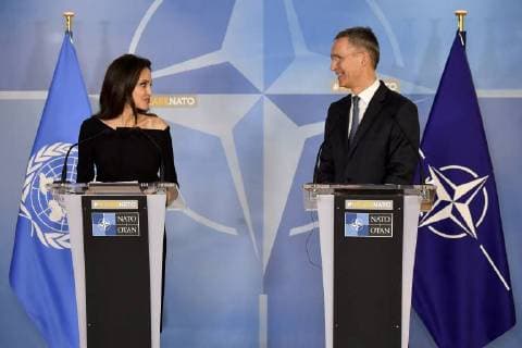 UNHCR Special Envoy Angelina Jolie and NATO Secretary General Jens Stoltenberg talk to the press after a meeting between representatives of the NATO and the the UN Refugee Agency UNHCR, Wednesday 31 January 2018 in Brussels.  DIRKxWAEM 05287024