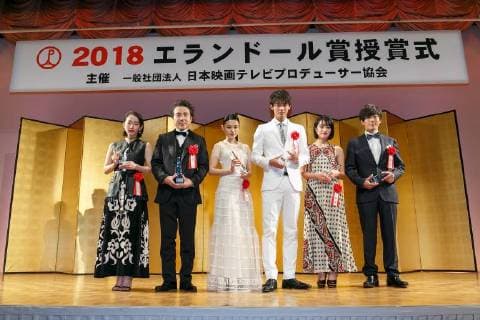 (L to R) Japanese actors Riho Yoshioka, Tsuyoshi Muro, Hana Sugisaki, Ryoma Takeuchi, Mugi Kadowaki and Issei Takahashi, pose for the cameras during the Elan d Or Award ceremony on February 1, 2018, Tokyo, Japan. The award organized by the All Nippon Producers Association (ANPA) recognizes outstanding actors, movies and TV dramas.  (gxta_elandor052)