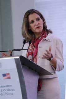 Canadian Foreign Minister Chrystia Freeland speaks during a press conference after a trilateral meeting with Mexican Foreign Minister Luis Videgaray and US Secretary of State Rex Tillerson at the Mexican Foreign Ministry in Mexico City, Mexico, 02 February 2018. Trilateral meeting between Mexico, Canada and the United States !ACHTUNG: NUR REDAKTIONELLE NUTZUNG!  Copyright: xJosexMendezx MEX004 20180202-636532009285695588