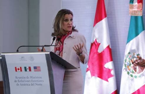 Canadian Foreign Minister Chrystia Freeland speaks during a press conference after a trilateral meeting with Mexican Foreign Minister Luis Videgaray and US Secretary of State Rex Tillerson at the Mexican Foreign Ministry in Mexico City, Mexico, 02 February 2018. Trilateral meeting between Mexico, Canada and the United States !ACHTUNG: NUR REDAKTIONELLE NUTZUNG!  Copyright: xJosexMendezx MEX005 20180202-636532009902367541