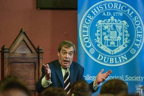February 2, 2018 - Dublin, Ireland - Nigel Farage, a British politician and the former leader of the UK Independence Party, takes part in a Quastions and Answers meeting with students at Trinity College Historical Society on Anglo-Irish relations and the future of Europe. .On Friday, 2 February 2018, in Dublin, Ireland. Dublin Ireland  - ZUMAn230 20180202_zaa_n230_416 Copyright: xArturxWidakx