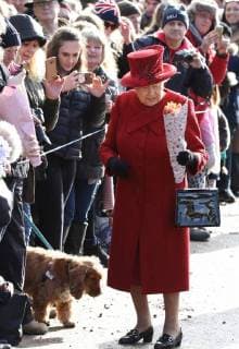 HM Queen Elizabeth II is given bunches of flowers, before a dog gets curious and takes a closer look at HM Queen Elizabeth II s shoes after attending the Sunday morning service at St Peter and St Paul church at West Newton, Norfolk, on February 4, 2018. 