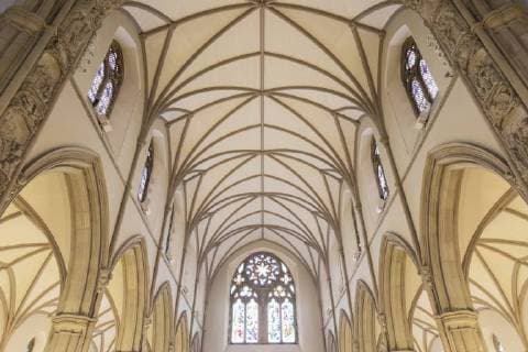 Vaulted ceiling arches and stained glass windows inside Letterkenny Cathedral, County Donegal, Ulster, Republic of Ireland, Europe Copyright: DavidxSpeight 1266-43