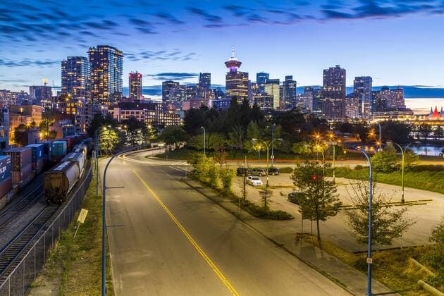 View of city skyline and Vancouver Lookout Tower at dusk from Portside, Vancouver, British Columbia, Canada, North America Copyright: FrankxFell 844-14449
