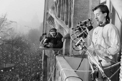 Velvet Revolution, Prague December 8, 1989. People again fill up the Wenceslas Square to demonstrate the support for the striking students and their will for change. Michal Sedlacek speaks to microphone. CTKPhotoFO01142520 