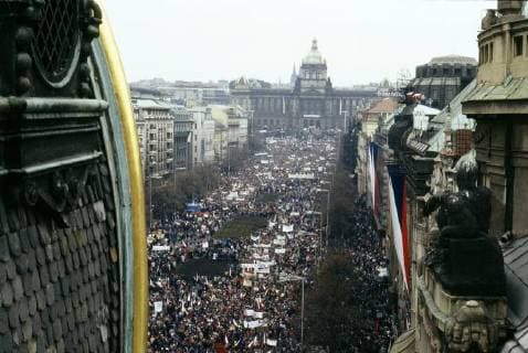 A brutal police action against peaceful march of students in Prague on November 17, 1989, sparked the Velvet Revolution, a series of demonstrations that toppled the authoritarian Communist regime in Czechoslovakia. Demonstration in Wenceslas Square during the general strike on November 27, 1989. CTK Photo Jaroslav Hejzlar CTKPhotoFO01147442 