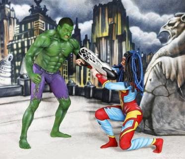 GEEK ART - Bodypainting meets SciFi, Fantasy and more: Hulk vs Iron Quinn Photoshooting mit den Models Fred und Sarah als Hulk und Iron Quinn in einer Comic-Kulisse im Fotostudio Schubert. Niedernwöhren, 13.02.2018 - Ein Projekt des Fotografen Tschiponnique Skupin und des Bodypainters und Transformakers Enrico Lein