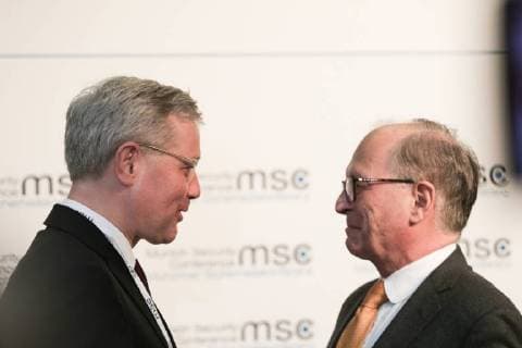 February 16, 2018 - Munich, Bavaria, Germany - Former German minister of environment Norbert Roettgen and Wolfgang Ischinger talking at the Munich Security Conference (MSC), at the Bayerischer Hof hotel in Munich, southern Germany, on February 16, 2018.. The MSC is held at the hotel Bayerischer Hof from 16th to 18th February. Munich Germany  - ZUMAn230 20180216_zaa_n230_460 Copyright: xAlexanderxPohlx