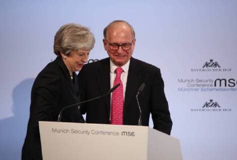 February 17, 2018 - Munich, Bavaria, Germany - Wolfgang Ischinger welcomes Theresa May on the stage. British prime minister Theresa May spoke at the Munich Security Conference (MSC) Munich Germany  - ZUMAn230 20180217_zaa_n230_119 Copyright: xAlexanderxPohlx