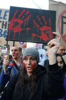 Hundreds of animal activists protest at London Fashion Week against the cruelty of fur in fashion. FEBRUARY 17th 2018  SLIx18269