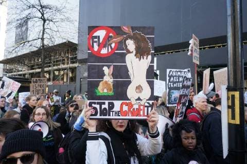 Hundreds of animal activists protest at London Fashion Week against the cruelty of fur in fashion. FEBRUARY 17th 2018  SLIx18269