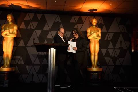 March 2, 2018 - Beverly Hills, California, U.S. - HANS ZIMMER presents the certificate of nomination to Ziad Doueiri, director of the Oscar nominated foreign film The Insult (Lebanon), at the reception for the Foreign Language Film Award category for the 90th Oscars on Friday. Beverly Hills U.S. - ZUMAz03_ 20180302_shf_z03_214 Copyright: xKatexNoellex