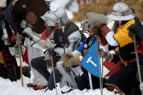 Battle of Samobor and Medieval Fair 04.03.2018., Samobor, Croatia - In the meadow Vugrinscak below the old town of Samobor, was held a reconstruction of a Battle of Samobor which held on March 1, 1441 between the army of Queen Elizabeth I (wife of a dead Albrecht of Habsburg) and the Polish king Wladyslaw III of Poland for the hungarian-croatian throne. Every year about 100 knights and archers dressed in 15th century replicas of armor and chain mail participate in the event.  IgorxKralj PIXSELL