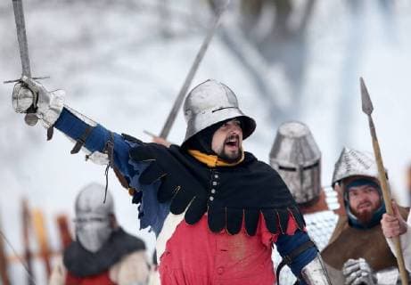 Battle of Samobor and Medieval Fair 04.03.2018., Samobor, Croatia - In the meadow Vugrinscak below the old town of Samobor, was held a reconstruction of a Battle of Samobor which held on March 1, 1441 between the army of Queen Elizabeth I (wife of a dead Albrecht of Habsburg) and the Polish king Wladyslaw III of Poland for the hungarian-croatian throne. Every year about 100 knights and archers dressed in 15th century replicas of armor and chain mail participate in the event.  IgorxKralj PIXSELL
