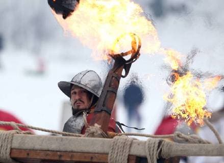 Battle of Samobor and Medieval Fair 04.03.2018., Samobor, Croatia - In the meadow Vugrinscak below the old town of Samobor, was held a reconstruction of a Battle of Samobor which held on March 1, 1441 between the army of Queen Elizabeth I (wife of a dead Albrecht of Habsburg) and the Polish king Wladyslaw III of Poland for the hungarian-croatian throne. Every year about 100 knights and archers dressed in 15th century replicas of armor and chain mail participate in the event.  IgorxKralj PIXSELL