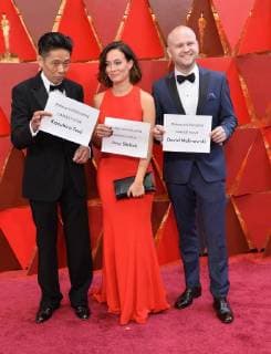 Make-Up and Hairstyling artists Kazuhiro Tsuji, Lucy Sibbick and David Malinowski arrive on the red carpet for the 90th annual Academy Awards at the Dolby Theatre in the Hollywood section of Los Angeles on March 4, 2018.  LAP20180304317 JIMxRUYMEN