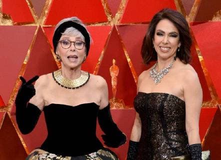 Actors Rita Moreno (L) and Fernanda Luisa Gordon arrive on the red carpet for the 90th annual Academy Awards at the Dolby Theatre in the Hollywood section of Los Angeles on March 4, 2018.  LAP20180304486 JIMxRUYMEN