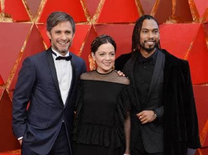 (L-R) Gael Garcia Bernal, Natalia Lafourcade, and Miguel arrive on the red carpet for the 90th annual Academy Awards at the Dolby Theatre in the Hollywood section of Los Angeles on March 4, 2018.  LAP20180304933 JIMxRUYMEN