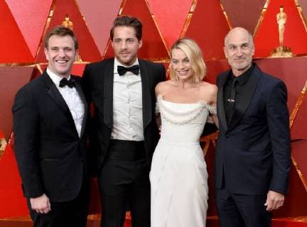 (L-R) Bryan Unkeless, Tom Ackerley, Margot Robbie, and Craig Gillespie arrive on the red carpet for the 90th annual Academy Awards at the Dolby Theatre in the Hollywood section of Los Angeles on March 4, 2018.  LAP20180304949 JIMxRUYMEN