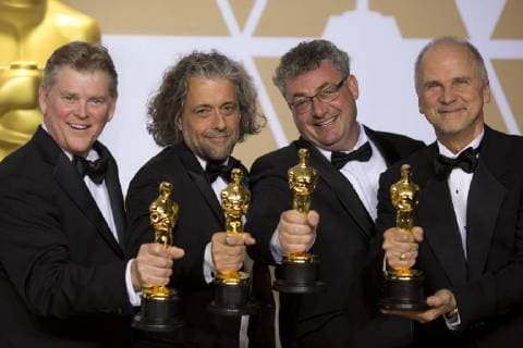 (L-R) Visual effects artists Richard R. Hoover, Paul Lambert, Gerd Nefzer and John Nelson, winners of the Best Visual Effects award for Blade Runner 2049 , pose in the press room during the 90th annual Academy Awards ceremony at the Dolby Theatre in Hollywood, California, on 4 March 2018. The Oscars are presented for outstanding individual or collective efforts in 24 categories in filmmaking. 90th annual Academy Awards ceremony !ACHTUNG: NUR REDAKTIONELLE NUTZUNG!  Copyright: xArmandoxArorizox HOL01 20180305-636558250983900229