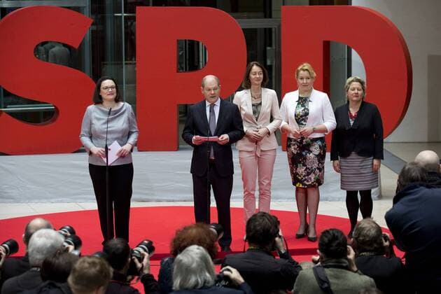 Deutschland, Berlin, SPD Zentrale Willy-Brandt-Haus, Vorstellung der Minister für das Kabinett Merkel 4, Andrea Nahles, Olaf Scholz, Katarina Barley, Franziska Giffey, Svenja Schulze, 09.03.2018