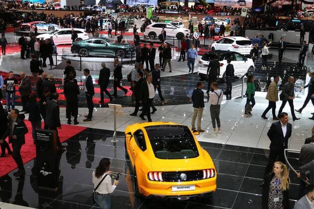 Blick auf den Ford Stand mit dem Ford Mustang GT im Vordergrund Messeimpressionen, 88. Internationaler Automobil Salon Genf (CH) 2018 (08. - 18.03.2018, Geneva International Motor Show, Autoausstellung, Auto, Messe, Palexpo Genève, Schweiz), Pressetag 06.03.2018