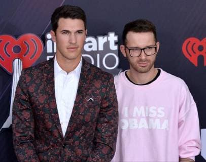 Pop duo Caleb Shapiro (L) and Rob Resnick of Timeflies arrive for the iHeartRadio Music Awards at The Forum in Inglewood, California on March 11, 2018. Turner s TBS, TNT, and truTV channels broadcasted the ceremony live from The Forum.  LAP20180311056 JIMxRUYMEN