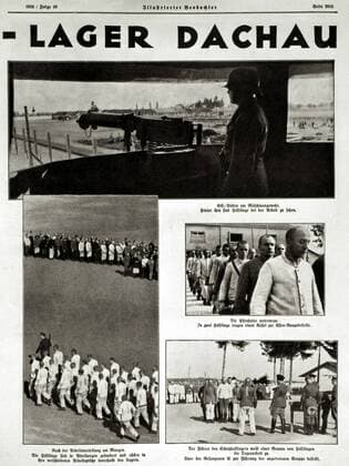 IMAGO History, Zweiter Weltkrieg: 1939 - 1945 Konzentrationslager Dachau Gefangene stehen Schlange und ein SS-Wächter ist im Turm. Bildgeschichte im Illustrierten Beobachter (Illustrated Observer). Der erste derartige Bericht in einer deutschen Zeitschrift. Fotos: Friedrich Franz Bauer (1903-1972). Deutschland. Datum: 3. Dezember 1936
