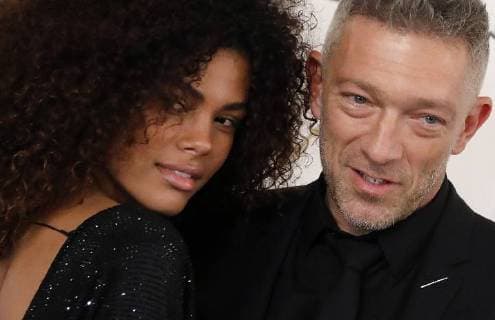 MOSCOW, RUSSIA â€“ MARCH 11, 2018: French actor Vincent Cassel with Italian model Tina Kunakey ahead of a ceremony to present BraVo international professional music awards at the Bolshoi Theatre. Artyom Geodakyan TASS  TS077450