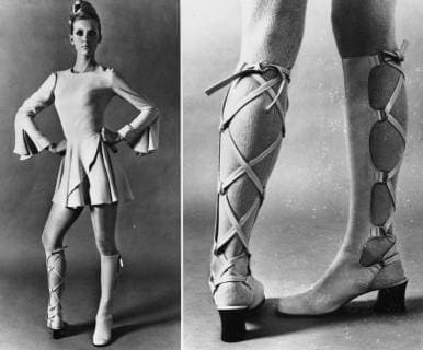 most aptly named these are two faced boots -- double crossers -- bland sophistication on the front but on the back lacings all the way up to the knee from Mary Quant s collection of summer boots, Copyright: Topfoto  !ACHTUNG AUFNAHMEDATUM GESCHÄTZT! UnitedArchives1304128