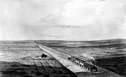 IMAGO History, Die Geburt des Eisenbahnverkehrs: 1802-1830 Chat Moss threatened the completion of the Liverpool and Manchester Railway, until George Stephenson succeeded in constructing a railway line through it in 1829; his solution was to float the line on a bed of bound heather and branches topped with tar and covered with rubble stone. The Liverpool and Manchester Railway (LMR) was the world s first twin-track inter-urban passenger railway in which all the trains were timetabled and ticketed. Trains were hauled by company steam locomotives between the two towns, though private waggons and carriages were allowed. The line opened on 15 September 1830 and ran between the towns of Liverpool and Manchester in North West England in the United Kingdom., Manchester Greater Manchester United Kingdom England Copyright: Topfoto  !ACHTUNG AUFNAHMEDATUM GESCHÄTZT! UnitedArchives1309478