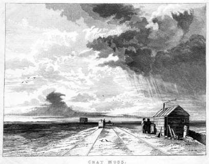 IMAGO History, Die Geburt des Eisenbahnverkehrs: 1802-1830 Chat Moss threatened the completion of the Liverpool and Manchester Railway, until George Stephenson succeeded in constructing a railway line through it in 1829; his solution was to float the line on a bed of bound heather and branches topped with tar and covered with rubble stone. The Liverpool and Manchester Railway (LMR) was the world s first twin-track inter-urban passenger railway in which all the trains were timetabled and ticketed. Trains were hauled by company steam locomotives between the two towns, though private waggons and carriages were allowed. The line opened on 15 September 1830 and ran between the towns of Liverpool and Manchester in North West England in the United Kingdom., Manchester Greater Manchester United Kingdom England Copyright: Topfoto  !ACHTUNG AUFNAHMEDATUM GESCHÄTZT! UnitedArchives1309490