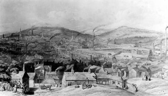 IMAGO History, Die Geburt des Eisenbahnverkehrs: 1802-1830 Industrial landscape with the London and Manchester Railway in the background (right) The Liverpool and Manchester Railway (LMR) was the world s first twin-track inter-urban passenger railway in which all the trains were timetabled and ticketed. Trains were hauled by company steam locomotives between the two towns, though private waggons and carriages were allowed. The line opened on 15 September 1830 and ran between the towns of Liverpool and Manchester in North West England in the United Kingdom., Greater Manchester United Kingdom England Copyright: Topfoto  !ACHTUNG AUFNAHMEDATUM GESCHÄTZT! UnitedArchives1309502