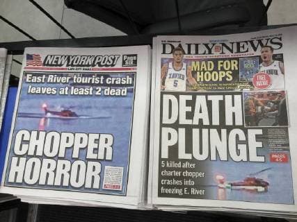 New York tabloids report on helicopter accident Front pages on Monday, March 12, 2018 of the New York Daily News and the New York Post report on the previous days accident where a helicopter crashed into the East River killing five on board. (  RichardxB.xLevine