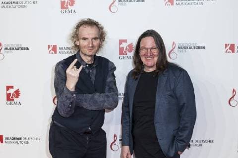 (L-R) Holger Hübner und Thomas Jensen (Gründer des Wacken Festivals) bei dem Musikautorenpreis am 16.03.2018 in Berlin