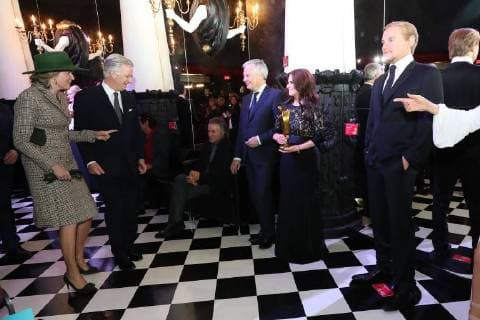 Queen Mathilde of Belgium (L) and King Philippe - Filip of Belgium (2L) react as Vice-Prime Minister and Foreign Minister Didier Reynders (C) pretends to be a statue during a visit to the Grevin Wax Museum on the fifth day of a state visit of the Belgian Royals to Canada in Montreal, Canada, Friday 16 March 2018.  BENOITxDOPPAGNE 05314495