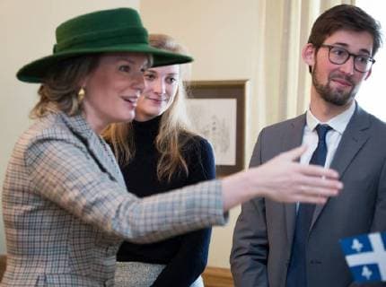 Queen Mathilde of Belgium (L) talks to Belgian Princess Louisa Maria (C), who is a student in Montreal, during a meeting with Belgian and Canadian students at Faculty club of McGill University on the fifth day of a state visit of the Belgian Royals to Canada in Montreal, Canada, Friday 16 March 2018.  BENOITxDOPPAGNE 05314512