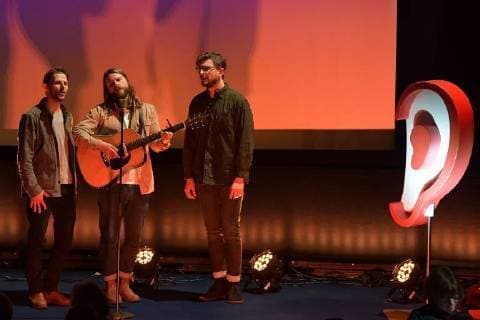 Bilder des Tages Mighty Oaks, Craig Sauders, Ian Hopper ( Frontsaenger), Claudio Donzelli beim 16. Deutschen Hoerfilmpreis im Kino International in Berlin am 20.03.2018