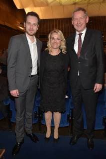 Florian Bartholomaei, Verena Bentele ( Behindertenbeauftragte der Bundesregierung, Lutz Marmor ( Intendant NDR) beim 16. Deutschen Hoerfilmpreis im Kino International in Berlin am 20.03.2018