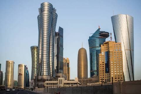 Architektur von Jean Nouvel DOHA, QATAR â€“ MARCH 15, 2018: A view of the Samsung Tower (3rd L) and Doha Tower also known as Burj Doha (4th R) designed by French architect Jean Nouvel. Marina Lystseva TASS  TS078D51