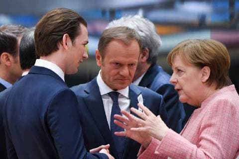Austrian Minister of Foreign Affairs Sebastian Kurz, European Council President Donald Tusk and Chancellor of Germany Angela Merkel pictured during an EU summit meeting, Thursday 22 March 2018, at the European Union headquarters in Brussels.  POOLxFREDERICxSIERAKOWSKI 05316680