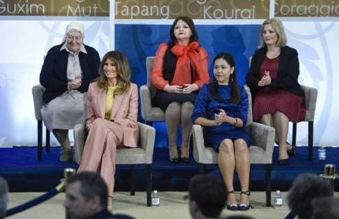 United States First Lady Melania Trump sits with recipients of the 2018 International Women of Courage Awards at the State Department in Washington, DC, March 23, 2018.  WAP20180323911