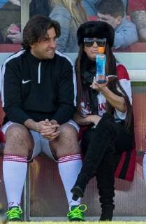 Katie Price & James Arg Argent during the Sellebrity Soccer Benjamin Lewis Charity Cup Celebrity Football Match for Midland Air Ambulance & British Heart Foundation at the LCI Rail Stadium, Cheltenham, England on 25 March 2018. Copyright: xAndyxRowlandx PMI-1919